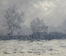 tableau huile original : scène de neige brumeuse