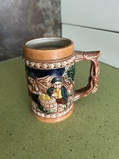 Bock chope à bière grès décoré 2 buveurs tonneau collection