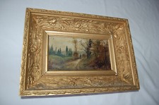 Ancien Tableau Paysage , homme Peinture , huile  Antique Oil Painting signée L.M