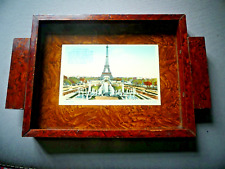 PETIT PLATEAU EN BOIS VERNIS INCLUSION  CARTE ANCIENNE TOUR EIFFEL SOUS VERRE