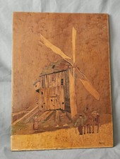 Tableau de marqueterie de bois moulin monogrammé RM
