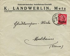 Alsace-Lorraine - de Kuntzig vers Metz - Cachet Français sur timbre Lothringen