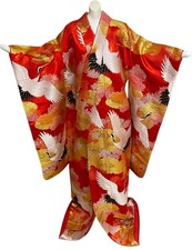 Kimono japonais Uchikake rouge Sakura or nuages grue broderie occasion