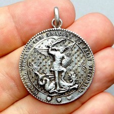 Saint Michael Archange. Slays the dragon. Antique Religious Pendant. Medal.