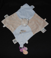 ? Doudou ours plat NOUKIE'S Oscar & Léon train bleu beige attache tétine TTBE