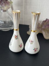 Vintage Crown Staffordshire England Porcelain Pair Mini Bud Vase Roses Gold