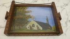 ANCIEN PLATEAU TABLEAU PYROGRAVURE ET PEINTURE église BRETONNE  année 50