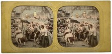 Scène de genre Marchande de fruits et légumes c1865 Photo Stereo Diorama Vintage