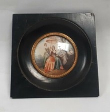 tableau peinture miniature XIX ème style XVIII ème scène de jardin ombrelles