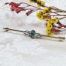 Broche Barette Art Déco Plaqué Or Jaune Or Blanc Strass Vert Poinçonnée 62x8mm