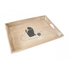 Plateau bois aspect cérusé 42x30cm décor chat