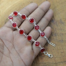 Grenat Rouge Rond Gemme 925 Argent Sterling Femmes Bracelet Mariage Bijoux