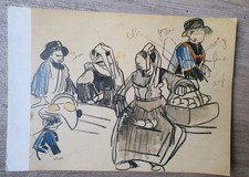 Carte postale Mathurin Méheut Scène de marché à Quimper