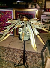 Plafonnier Lustre métal épis de blés 4 douilles vert et or vintage