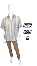 New Man Taille L Regular chemise manches courtes homme rayures beiges bleues