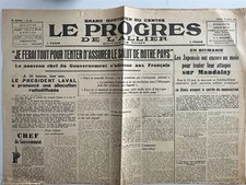 JOURNAL LE PROGRES DE L'ALLIER VICHY 21 AVRIL 1942   '' LAVAL  DISCOURS RADIO "