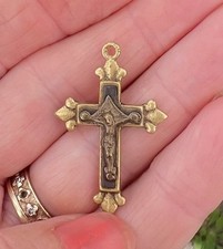 Antique French pectoral cross Brass 1¾” Crucifix Black Pendant Fleur De Lys Gold