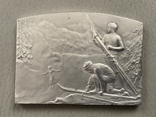 Skieurs plaquette en bronze argenté de Lucien Coudray