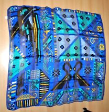 Foulard carré de soie vintage PIXEL ART bleu vert jaune 1990 La Foulardière