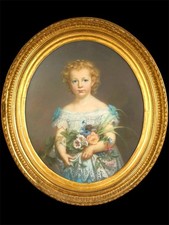 Tableau Ancien Portrait Jeune Fille Au Bouquet Pastel Sur Carton Cadre Ancien