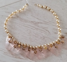 BEAU COLLIER FANTAISIE PERLES ET PAMPILLES COEUR ROSE PASTEL VINTAGE
