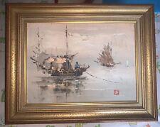 Peinture tableau huile sur toile Indochine Jonques baie d'halong