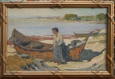 Femme et barque plage,Hérault. L.Raoul GUIRAUD (1888-1976).Cerbère,Béziers,pêche
