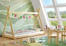 Lit bas tipi pour enfants, lit en bois 90x200 pin naturel, accessoires au choix