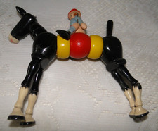 Rare Jouet ancien Cheval et Cavalier bois peint articulé cadeau o'cedar  1950