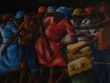 Grand Tableau rare scène Haïtienne de groupe signé LUNA J-Philippe