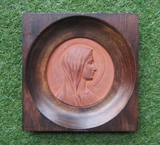 Ancien beau médaillon terre cuite Sainte Vierge Marie bas relief signé Mazzoni.