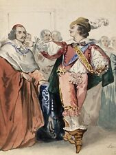 Peintures Aquarelle Sur Papier 1842 Louis XIII Mazarin Drapé Tissus À Identifier
