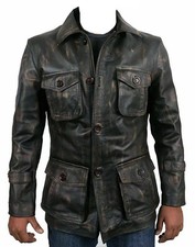 Blouson motard homme vintage en cuir noir vieilli veste boutonnée en cuir...