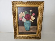 Tableau Huile sur Toile - Nature Morte Vase bouquet de Roses Signé M Defleur