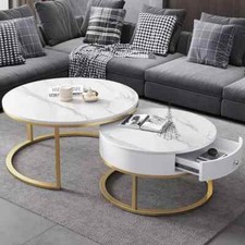 Rond Table Basse Set or Blanc Marbre Table de Salon 2 Pièces