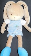 Doudou peluche lapin beige habit bleu brodé carotte HAPPY PEOPLE 35cm