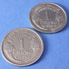  Lot de 2 Pièces de monnaie 1 Franc MORLON 1938 1939 en Cupro-alu TTB+ nettoyées