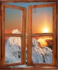 Sticker trompe l'oeil fenêtre déco Montagne