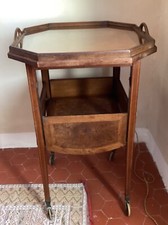 Desserte ancienne bois massif plateau verre amovible, 2 niveaux