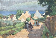 LUCIENNE CAPDEVIELLE TABLEAU 1920 PEINTURE VERS LE VILLAGE BORD DE MER BRETAGNE