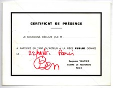 [BEN (Vautier)]. Certificat de