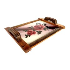 ANCIEN PLATEAU EN BOIS ET VERRE DÉCORÉ DE ROSES  PEINT A LA MAIN SIGNÉ  ART DECO