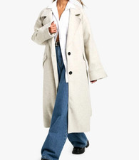 Manteau long oversize beige grège doublé fermeture bouton lien taille BOOHOO 42