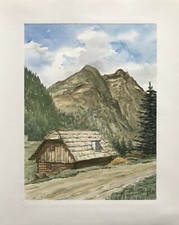 Aquarelle cabane alpine à l'extérieur paysage de montagne forêt inconnue mono...