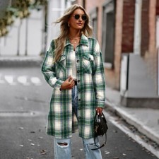 Femme Long à Carreaux Chemisier Manteau Bouton Haut Bas Ample Décontracté Rétro