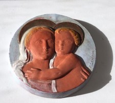 Médaillon terre cuite Pierre Lenoir Paris art déco Vierge à l’enfant 