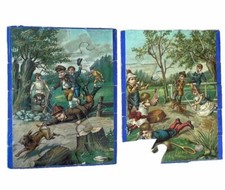 2 PUZZLES fin XIX ème enfants chassant un lapin