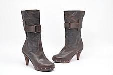GIORGIA GALASSI Coffee Distressed leather Wooden Sole Mid Calf Boots NWOB EU37.5