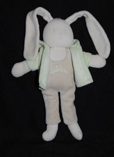 🍀Doudou Lapin AUBISOU AUBERT Veste Vert Salopette Beige Peluche 28 Cm TTBE