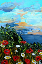 Peinture à l'huile originale art coquelicots champ fleurs sauvages paysage...
